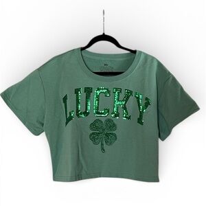 Goodie Two Sleeves Green Sequin & Beaded 'Lucky' Cropped Sweatshirt